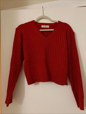 Red Ribbed V-Neck Sweater